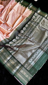 Pastel Pink/Bottle Green Silver Zari Gadwal Handloom Pure Silk