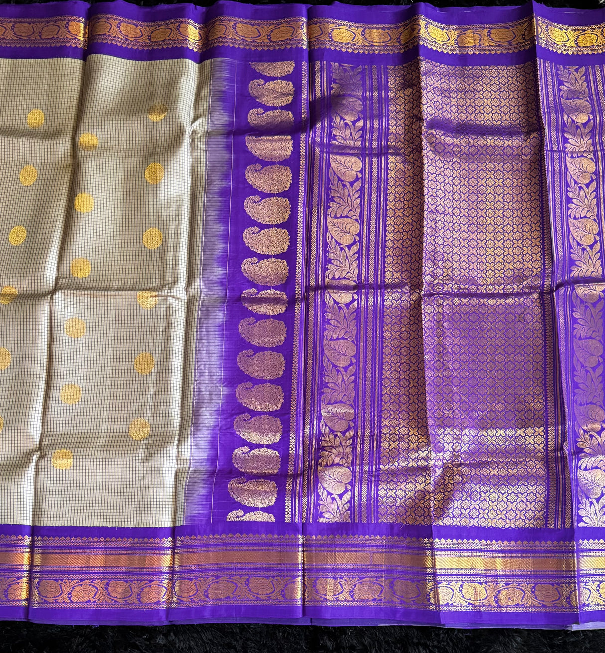 Grey/Purple Tiny Checks Gadwal Handloom Pure Silk