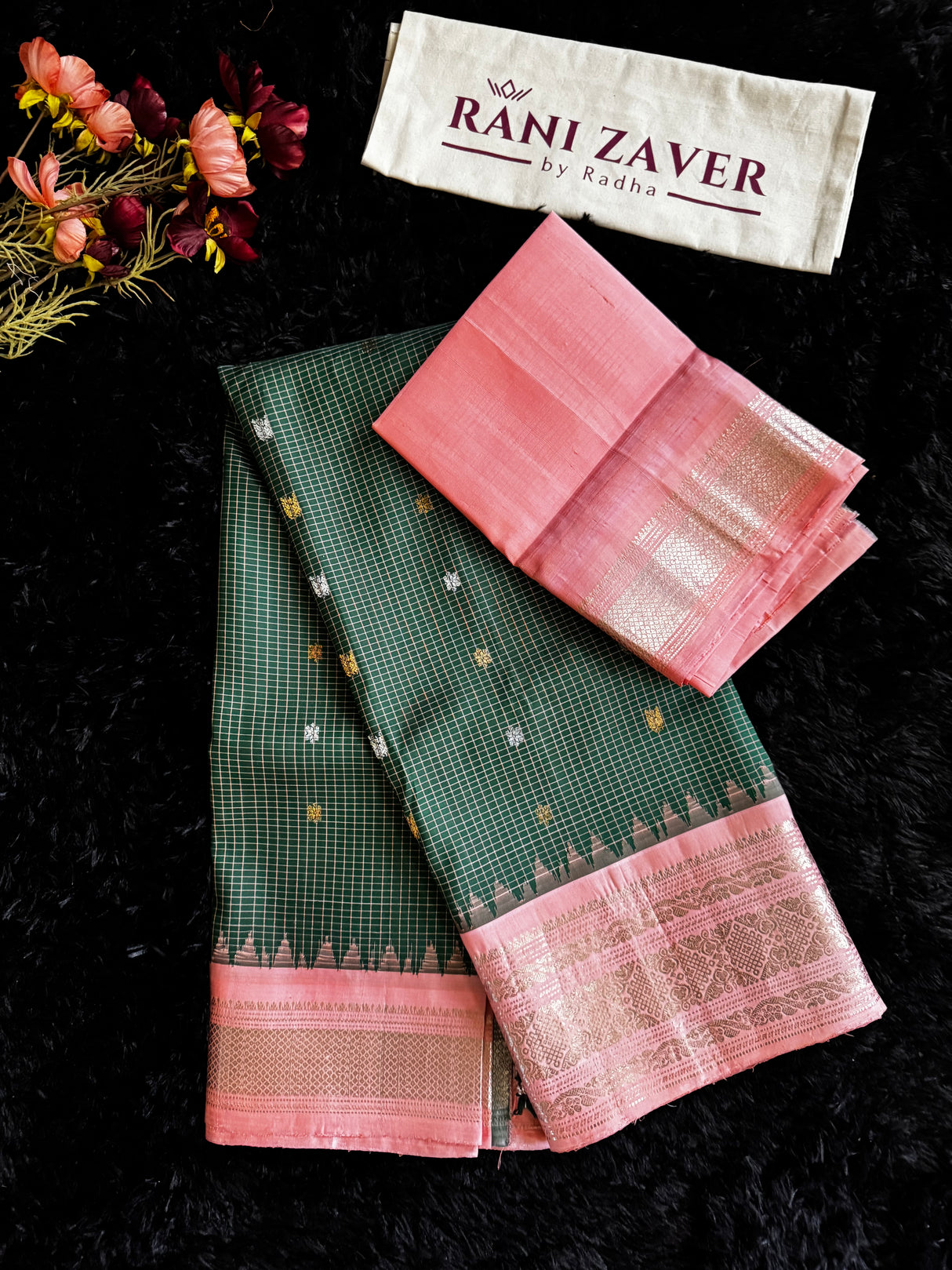 Forest Green/Peachy Pink Tiny Checks Gadwal Handloom Pure Silk