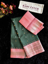 Forest Green/Peachy Pink Tiny Checks Gadwal Handloom Pure Silk