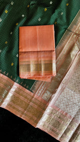 Forest Green/Peachy Pink Tiny Checks Gadwal Handloom Pure Silk