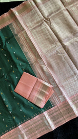 Forest Green/Peachy Pink Tiny Checks Gadwal Handloom Pure Silk