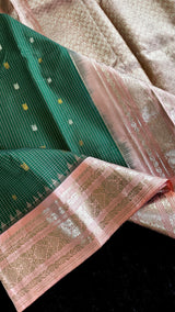 Forest Green/Peachy Pink Tiny Checks Gadwal Handloom Pure Silk