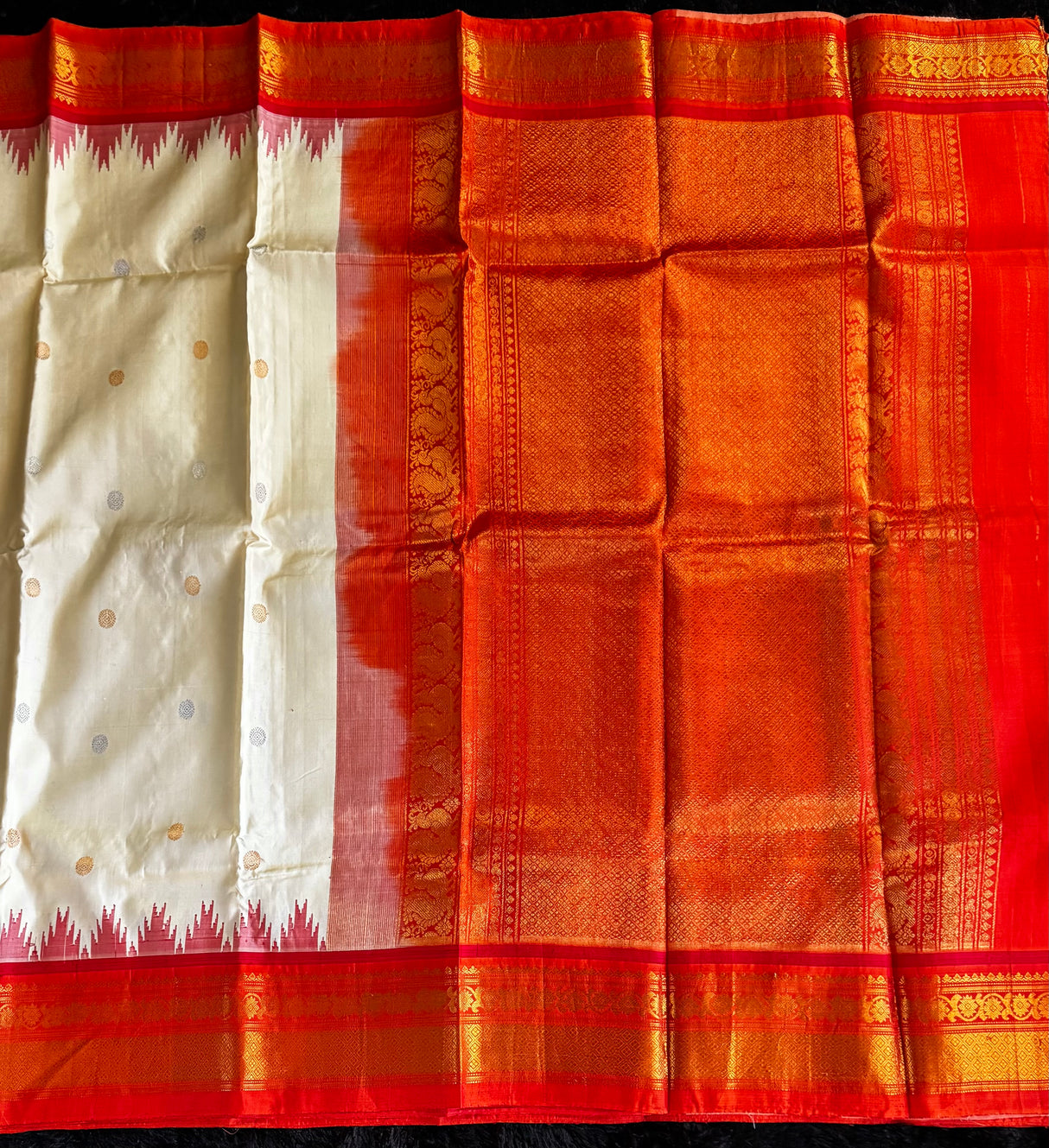 Cream/Orange Gadwal Handloom Pure Silk