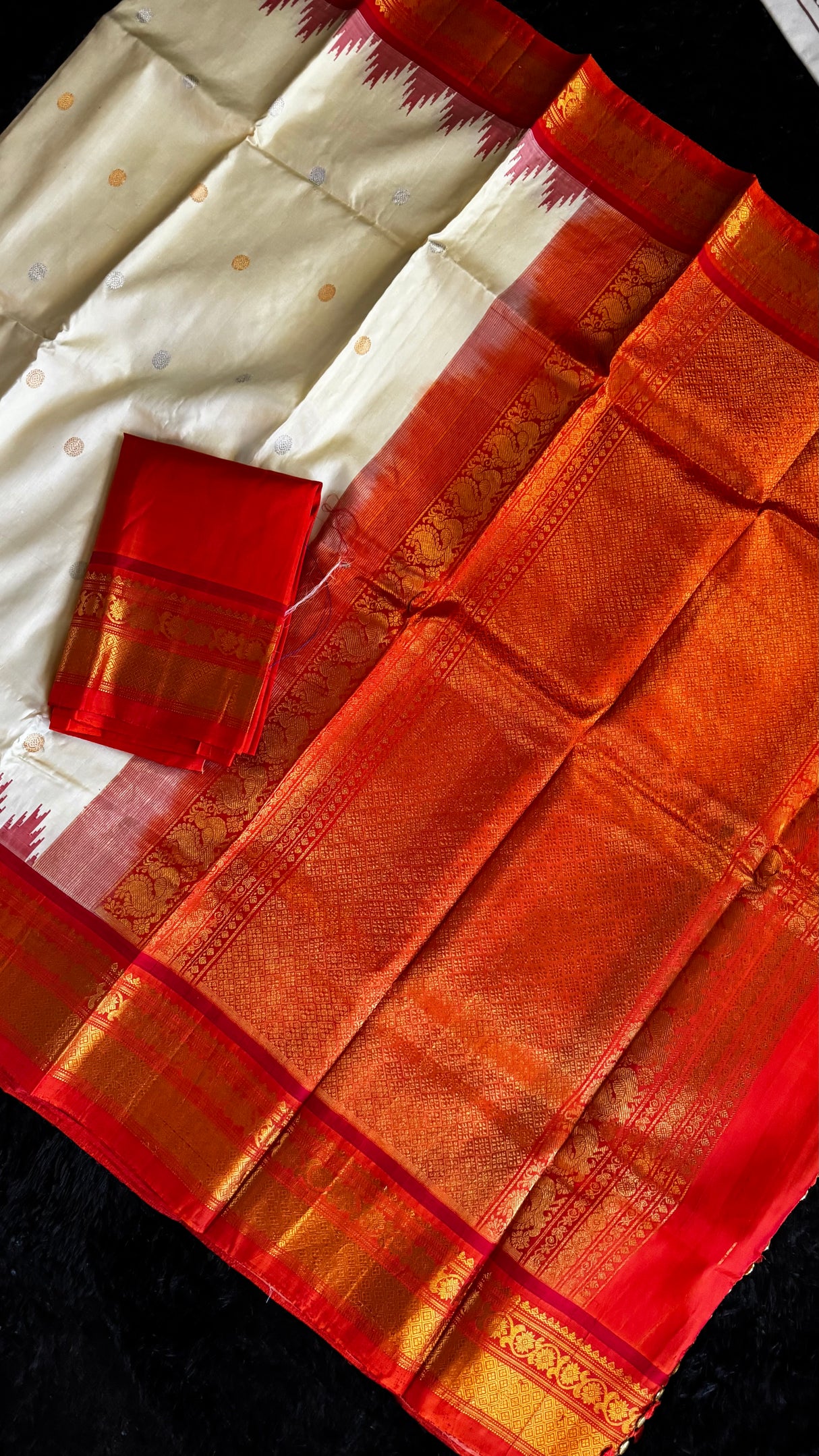 Cream/Orange Gadwal Handloom Pure Silk