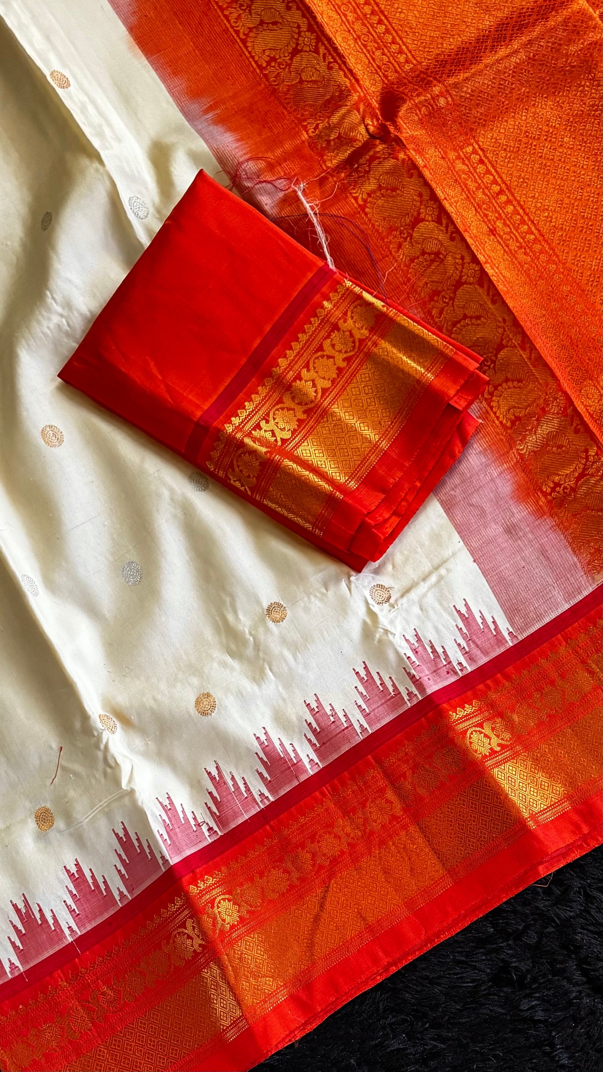 Cream/Orange Gadwal Handloom Pure Silk