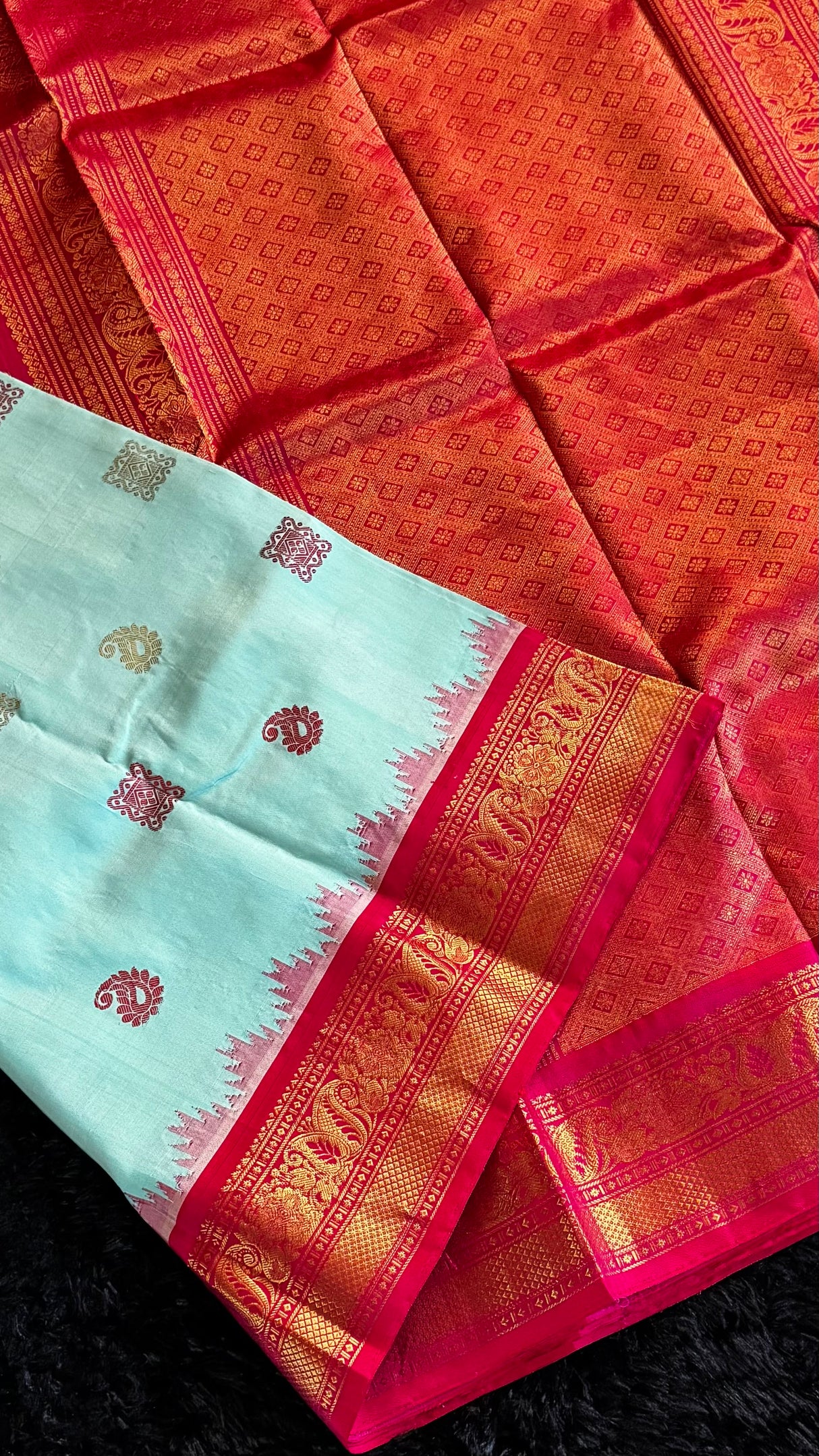 Turquoise/Reddish Pink Gadwal Handloom Pure Silk