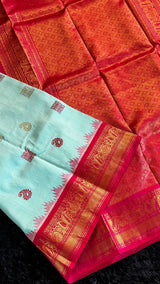 Turquoise/Reddish Pink Gadwal Handloom Pure Silk