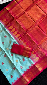 Turquoise/Reddish Pink Gadwal Handloom Pure Silk