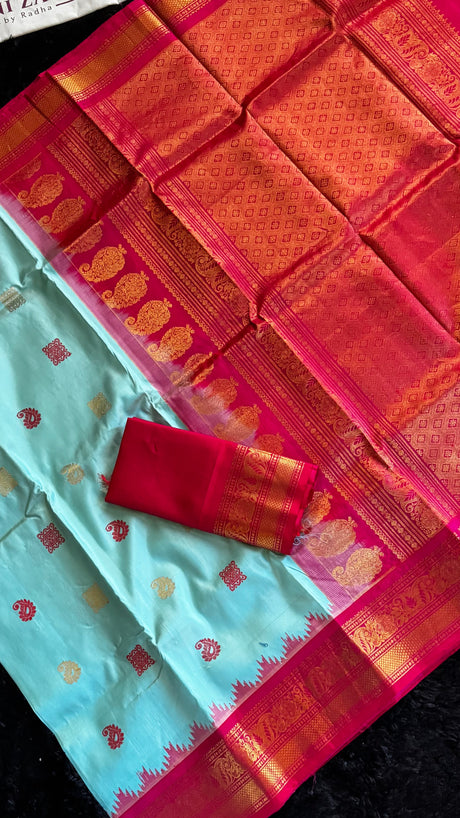 Turquoise/Reddish Pink Gadwal Handloom Pure Silk