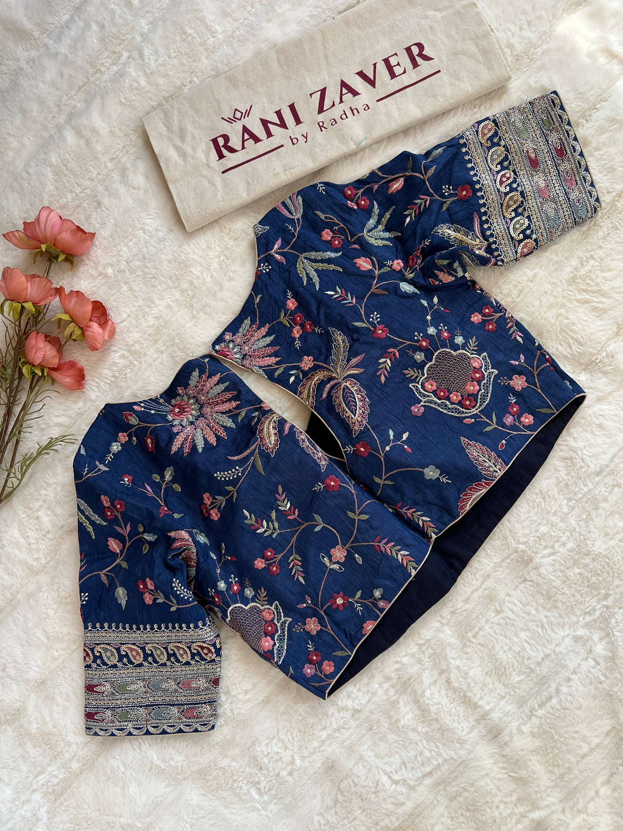 Ink Blue Tissue Kora Saree With Floral embroidered Blouse AUS