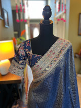 Ink Blue Tissue Kora Saree With Floral embroidered Blouse AUS