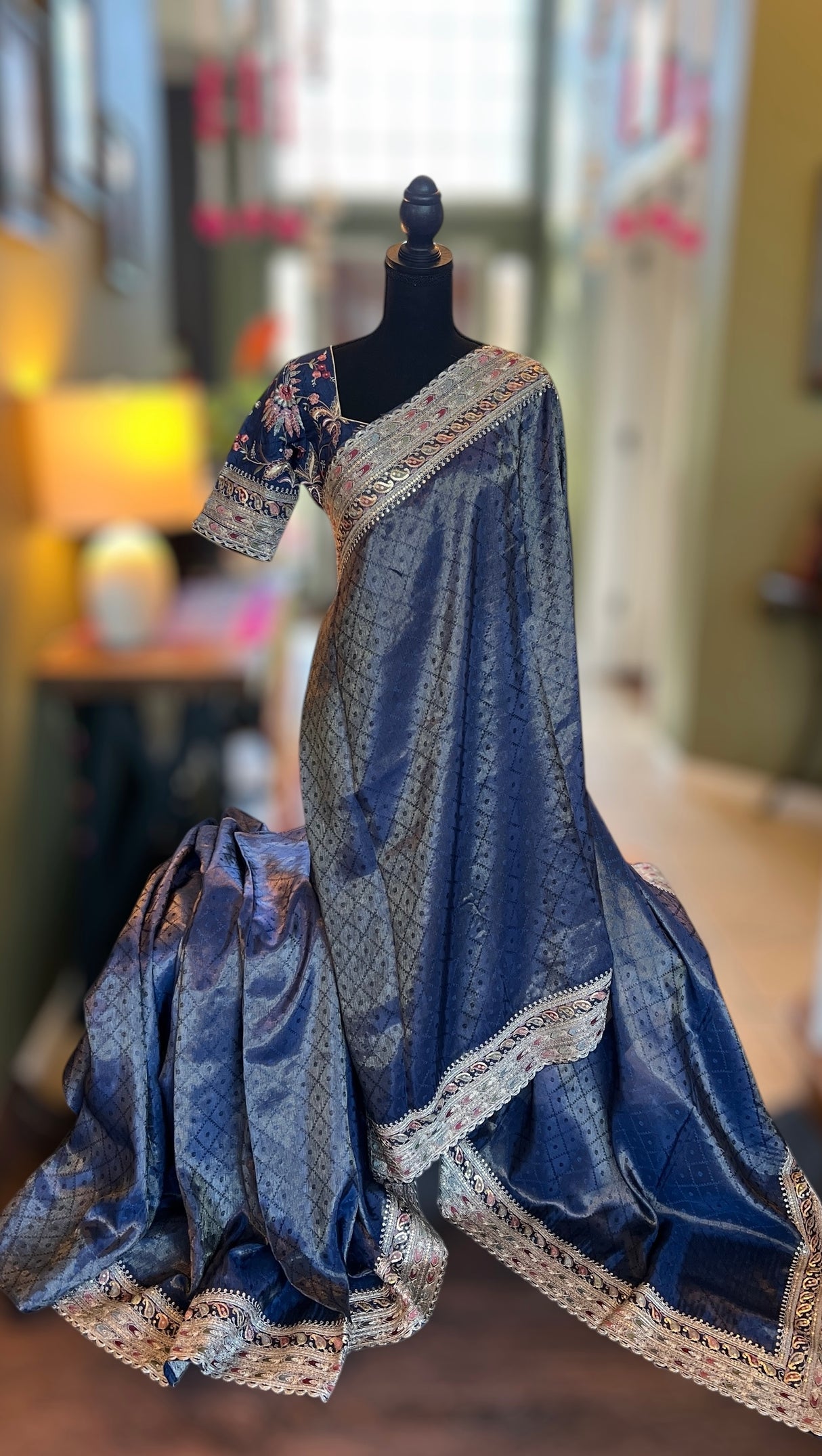 Ink Blue Tissue Kora Saree With Floral embroidered Blouse AUS