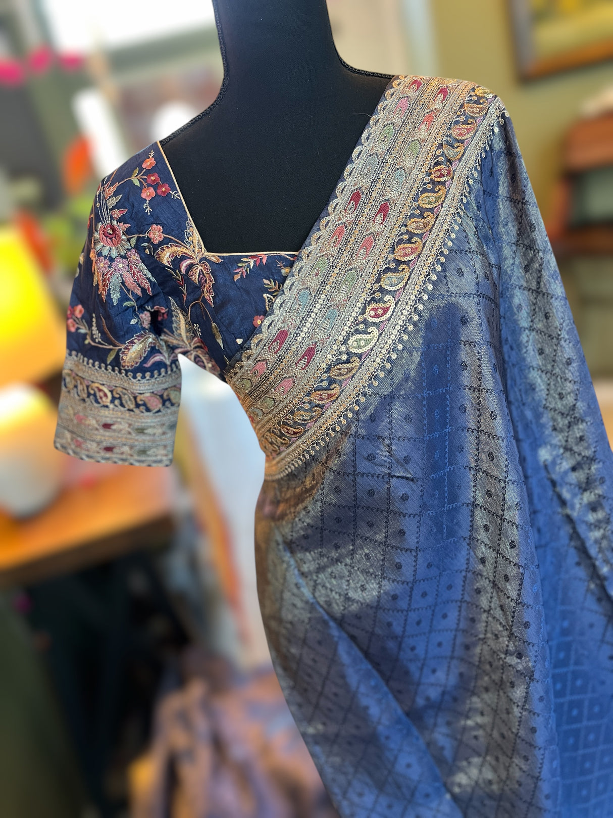 Ink Blue Tissue Kora Saree With Floral embroidered Blouse AUS