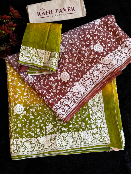 Shaded Parsi Embroidered Gachi Tussar Silk