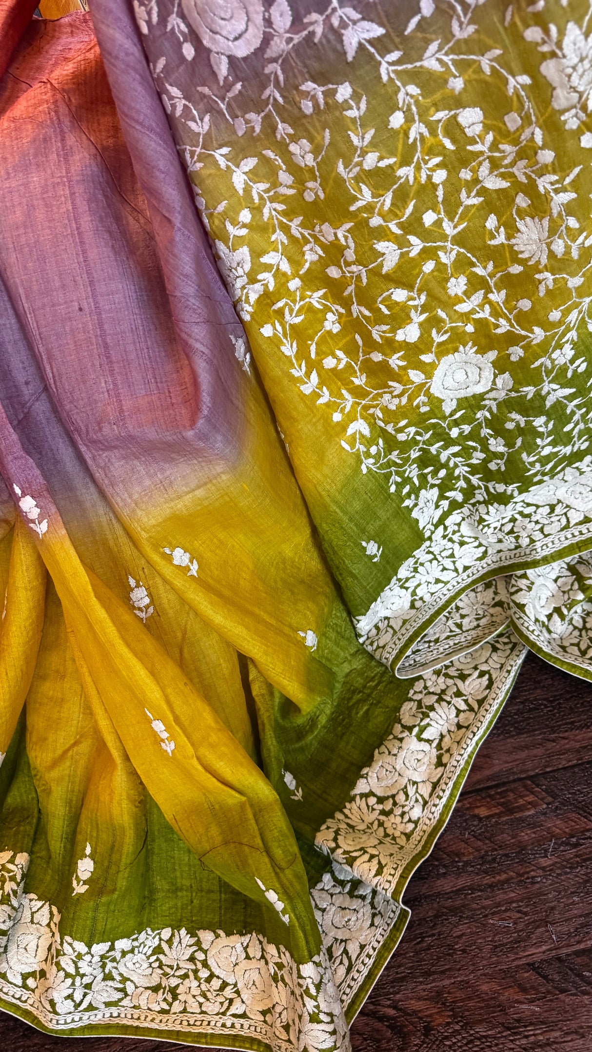 Shaded Parsi Embroidered Gachi Tussar Silk