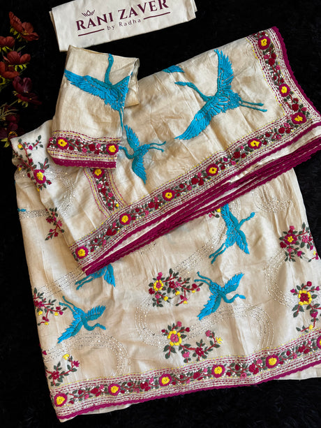 Parsi Hand Embroidered Off White Gachi Tussar Silk