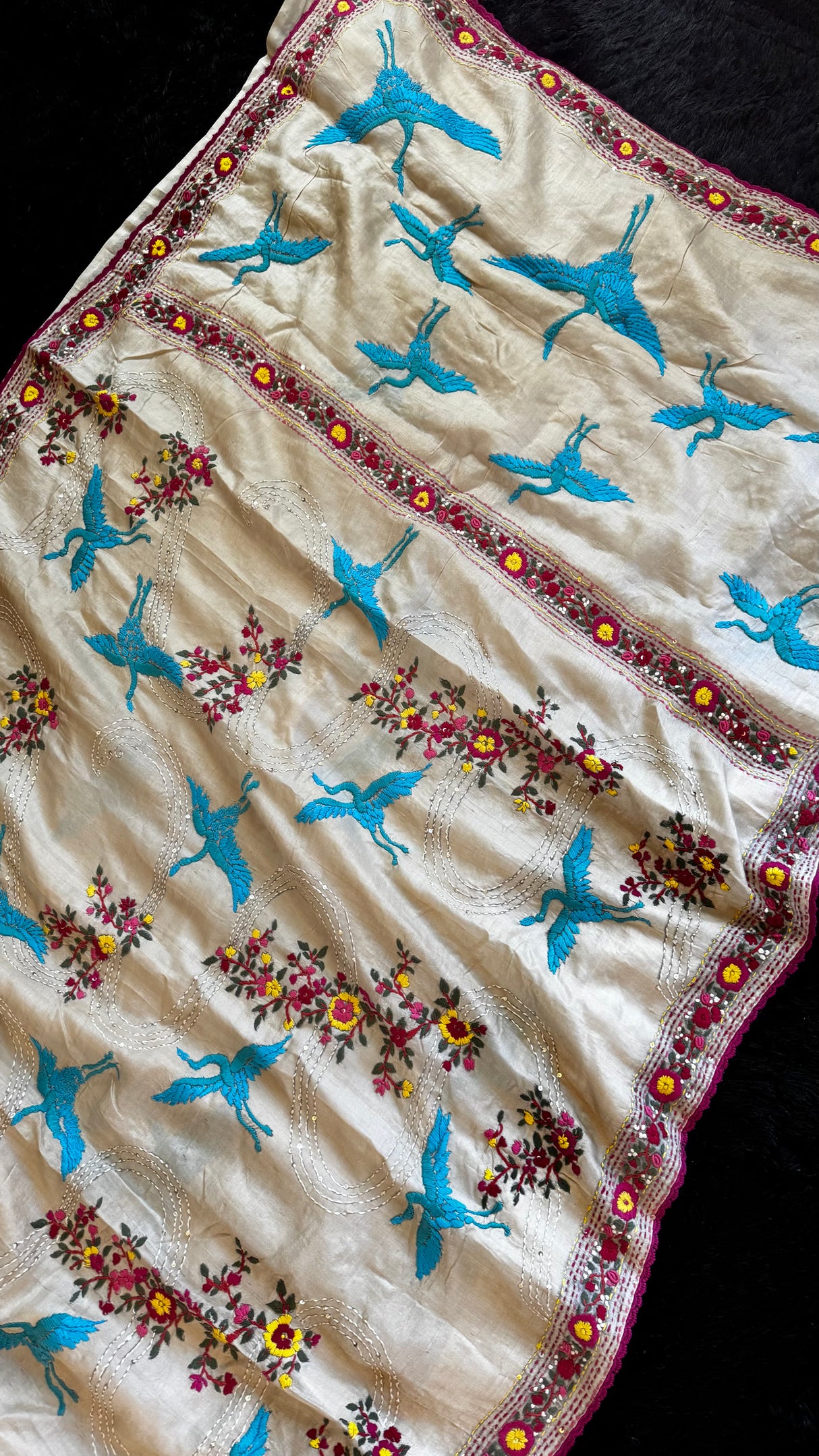 Parsi Hand Embroidered Off White Gachi Tussar Silk