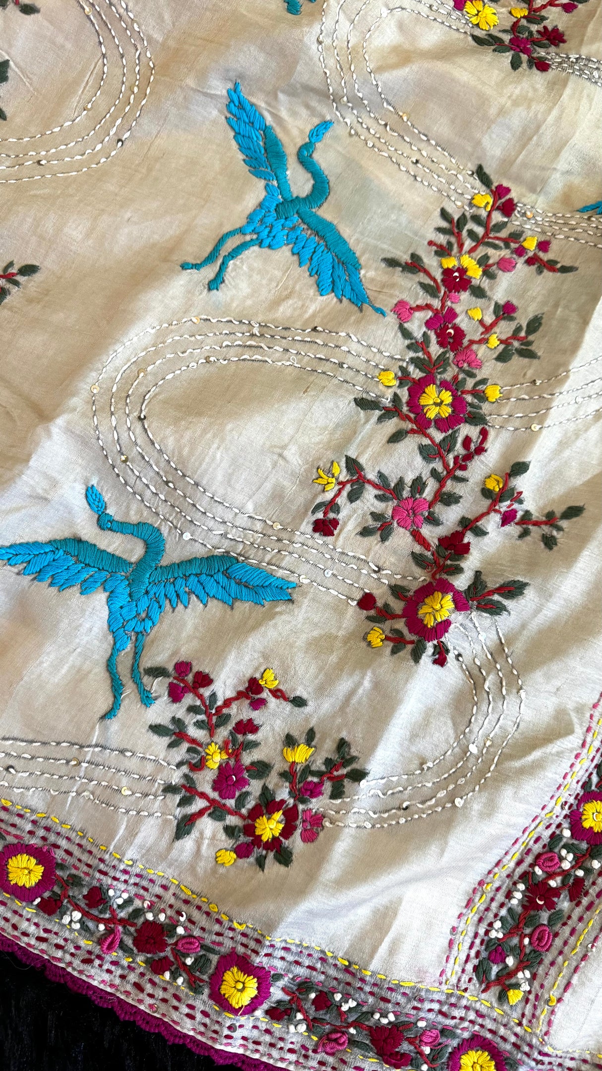 Parsi Hand Embroidered Off White Gachi Tussar Silk