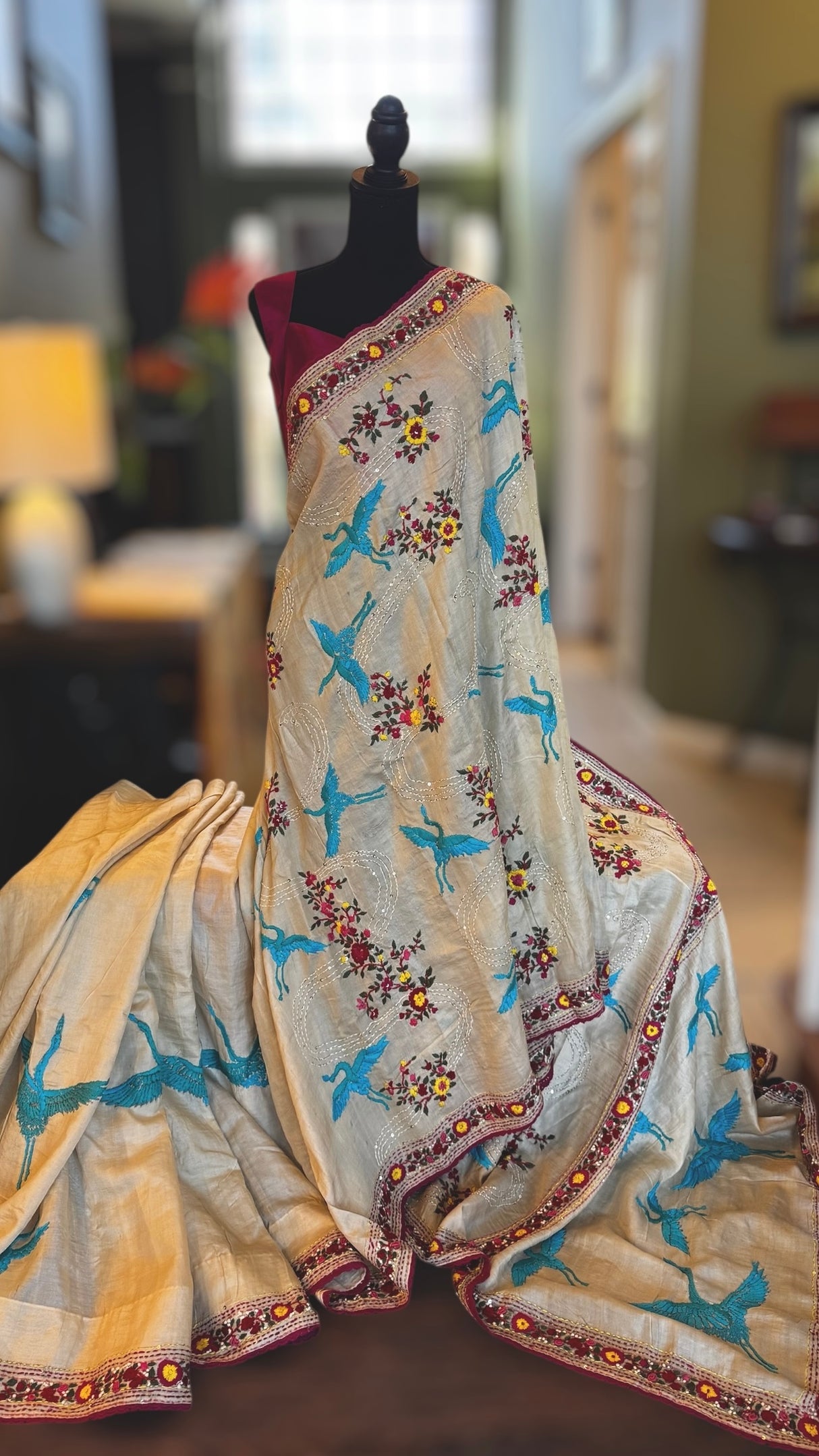 Parsi Hand Embroidered Off White Gachi Tussar Silk
