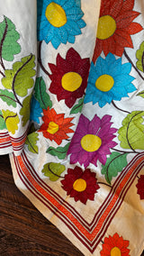 Ivory Floral Crane Hand Kantha Stitch Tussar Silk