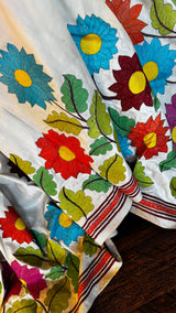 Ivory Floral Crane Hand Kantha Stitch Tussar Silk