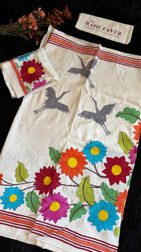 Ivory Floral Crane Hand Kantha Stitch Tussar Silk