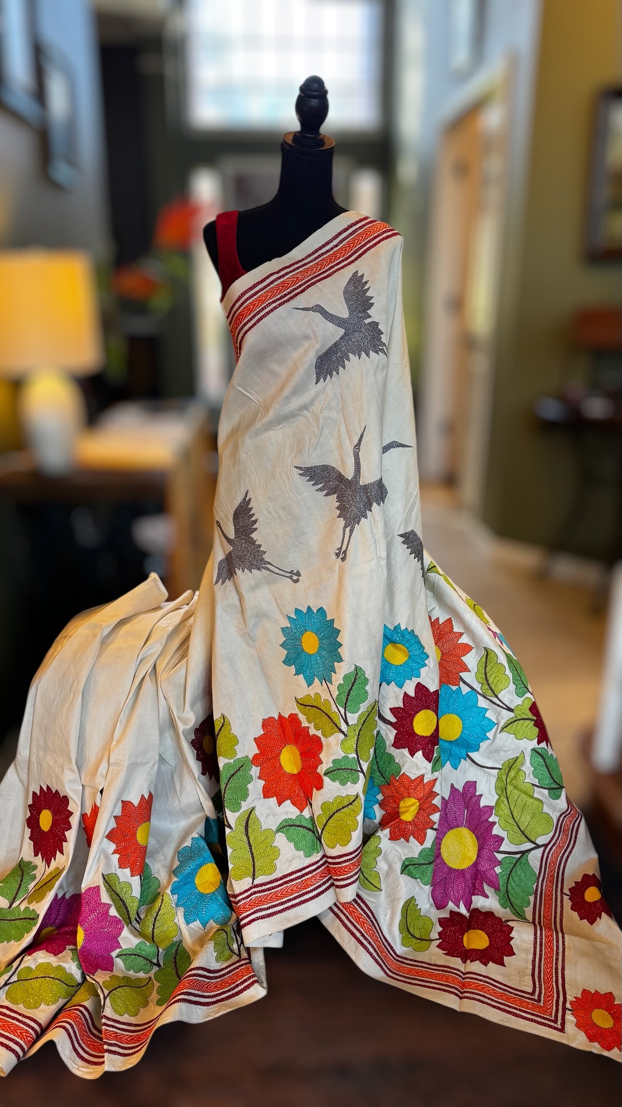 Ivory Floral Crane Hand Kantha Stitch Tussar Silk