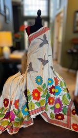 Ivory Floral Crane Hand Kantha Stitch Tussar Silk