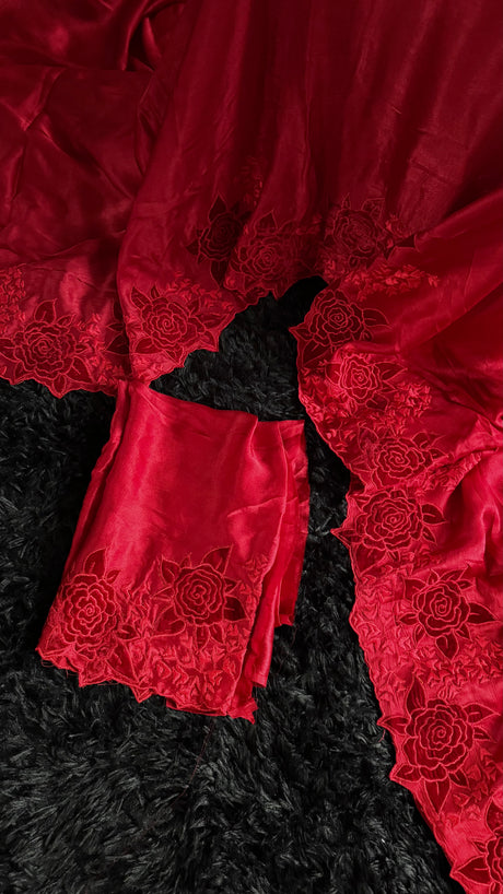 Red Chinon Satin With Velvet Applique'