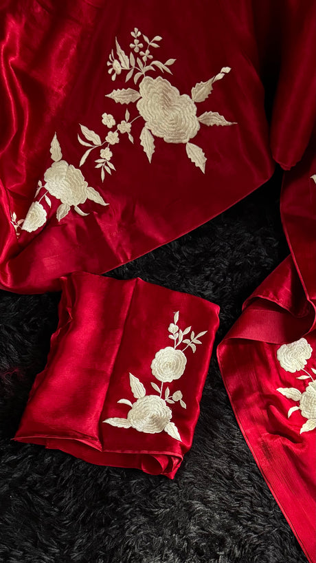 Red Chinon Satin With Silk Thread Embroidered Motifs