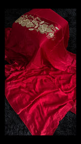 Red Chinon Satin With Single Antique Gold Aari Motif