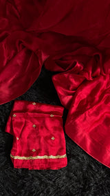 Red Chinon Satin With Single Antique Gold Aari Motif