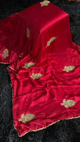 Red Chinon Satin With Antique Gold Aari Motifs