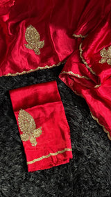 Red Chinon Satin With Antique Gold Aari Motifs