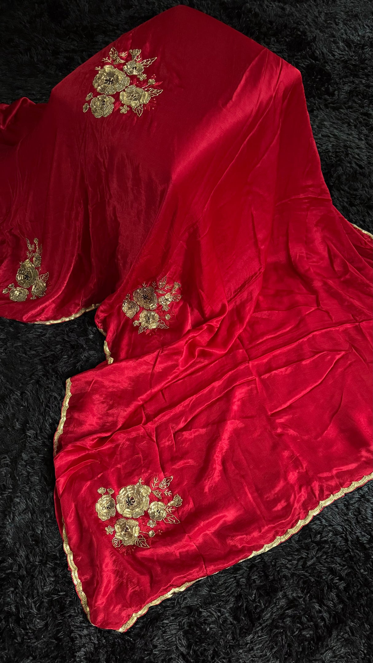 Red Chinon Satin With Antique Gold Aari Motifs