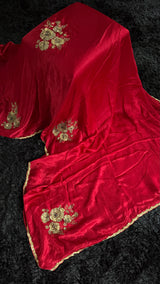 Red Chinon Satin With Antique Gold Aari Motifs