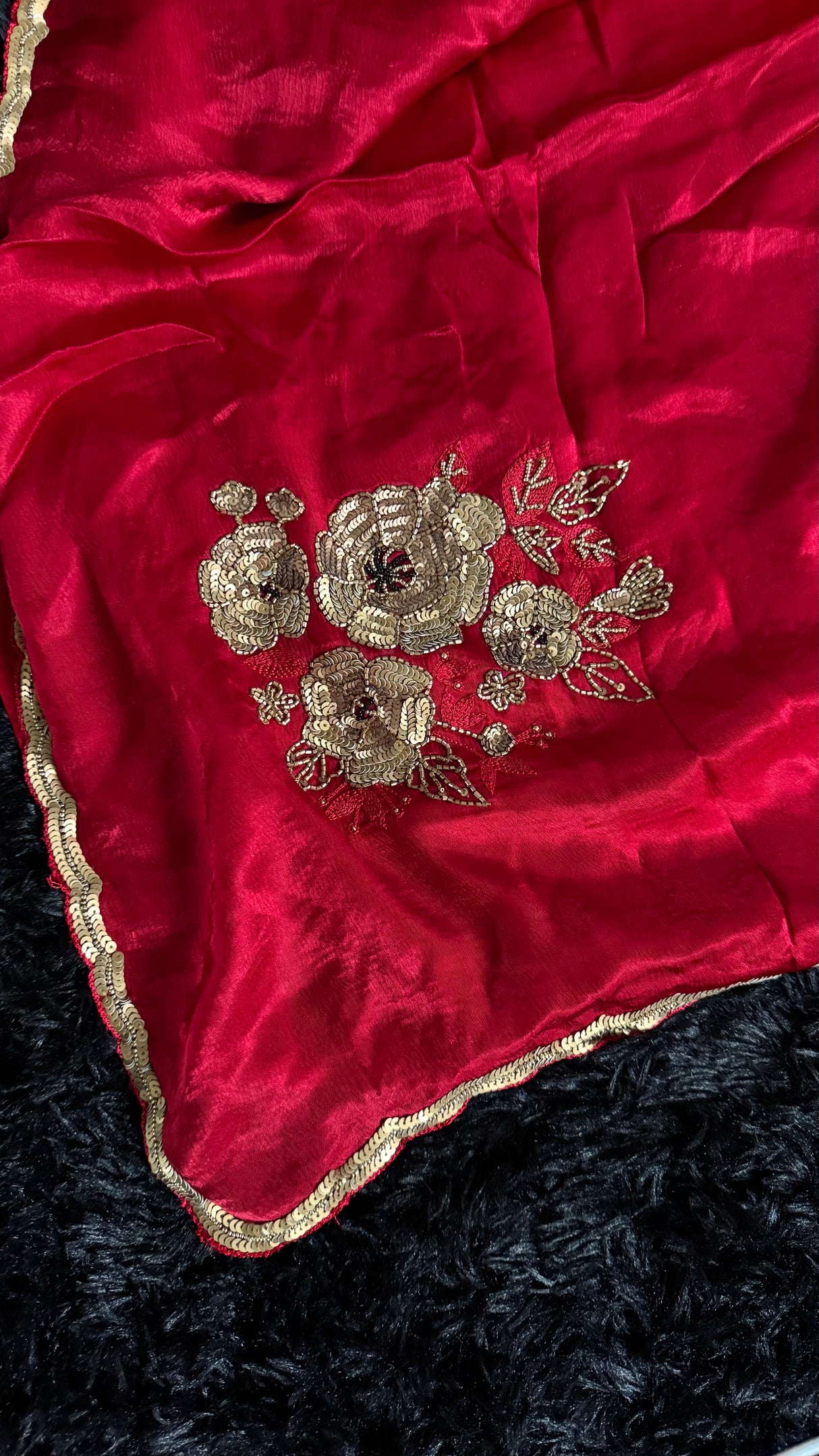 Red Chinon Satin With Antique Gold Aari Motifs