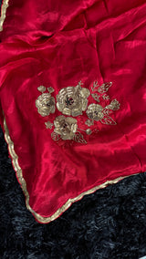 Red Chinon Satin With Antique Gold Aari Motifs