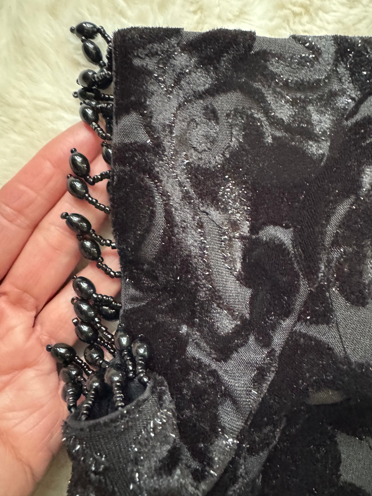 Black Self Pattern  Velvet Short Sleeves with hanging beads  Blouse 38