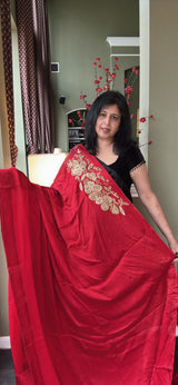Red Chinon Satin With Single Antique Gold Aari Motif