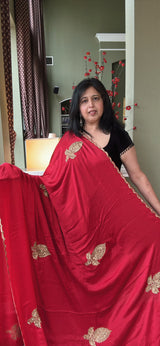 Red Chinon Satin With Antique Gold Aari Motifs