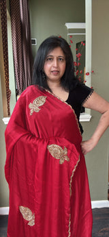 Red Chinon Satin With Antique Gold Aari Motifs