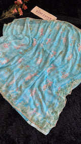 Georgette Blue Swans Design