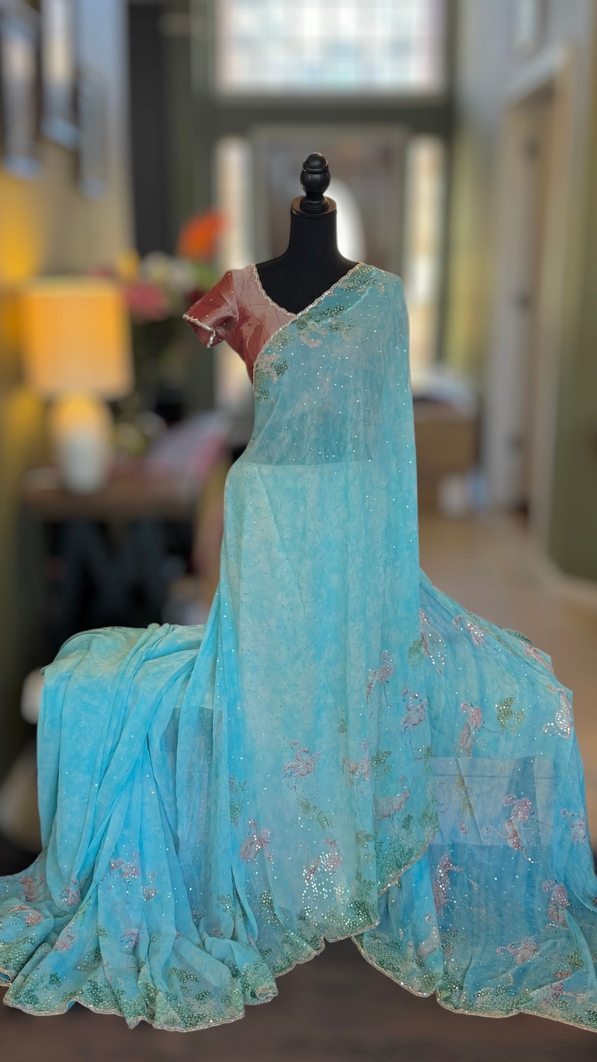 Georgette Blue Swans Design