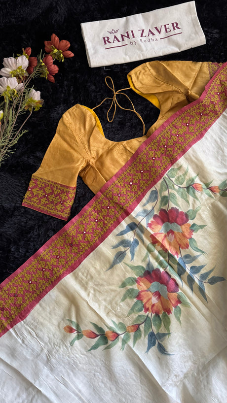 Hand Painting and Gujrathi Kutch Wok on Pure Tussar Silk