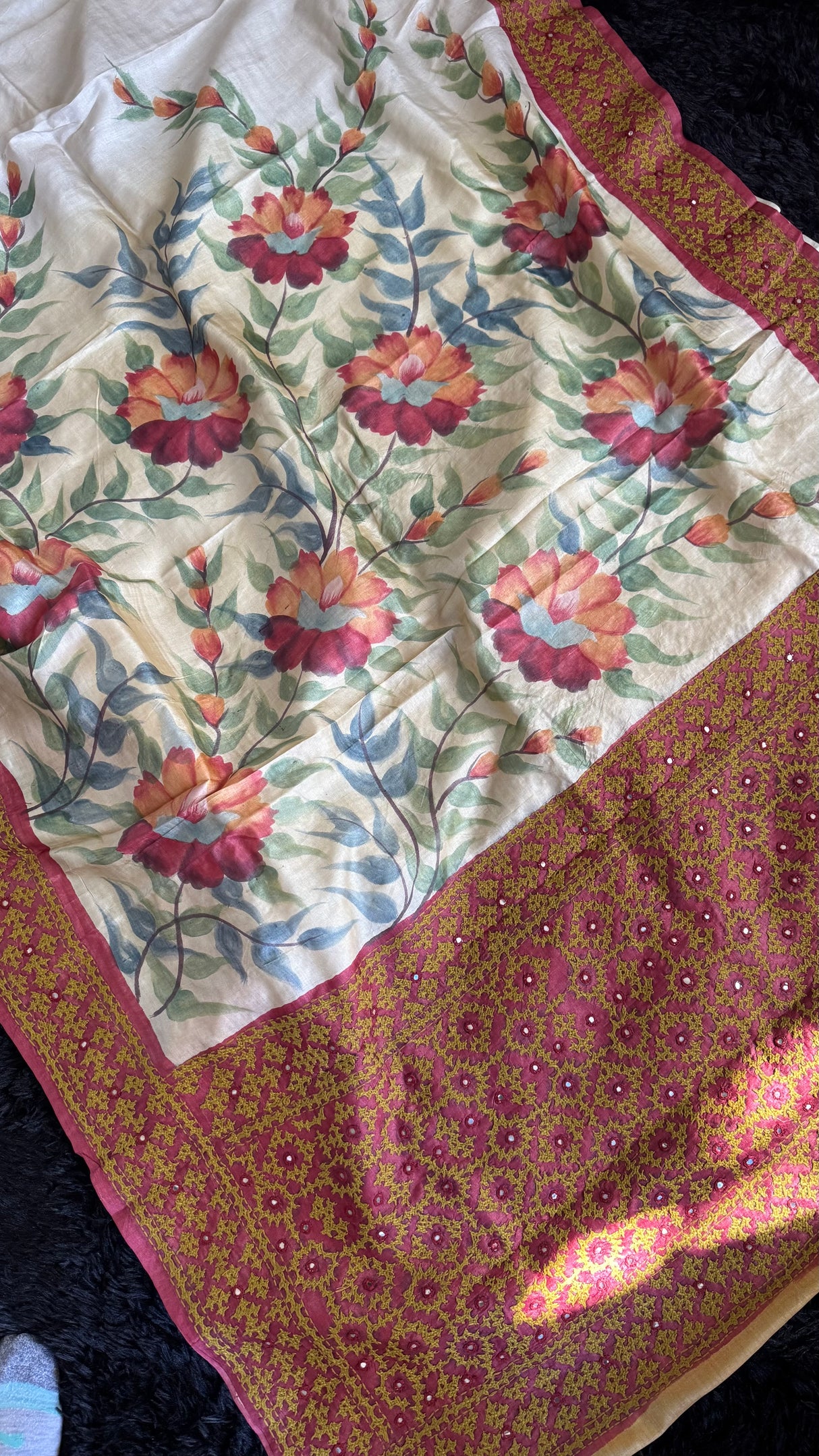 Hand Painting and Gujrathi Kutch Wok on Pure Tussar Silk