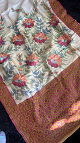 Hand Painting and Gujrathi Kutch Wok on Pure Tussar Silk