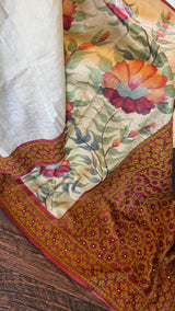 Hand Painting and Gujrathi Kutch Wok on Pure Tussar Silk