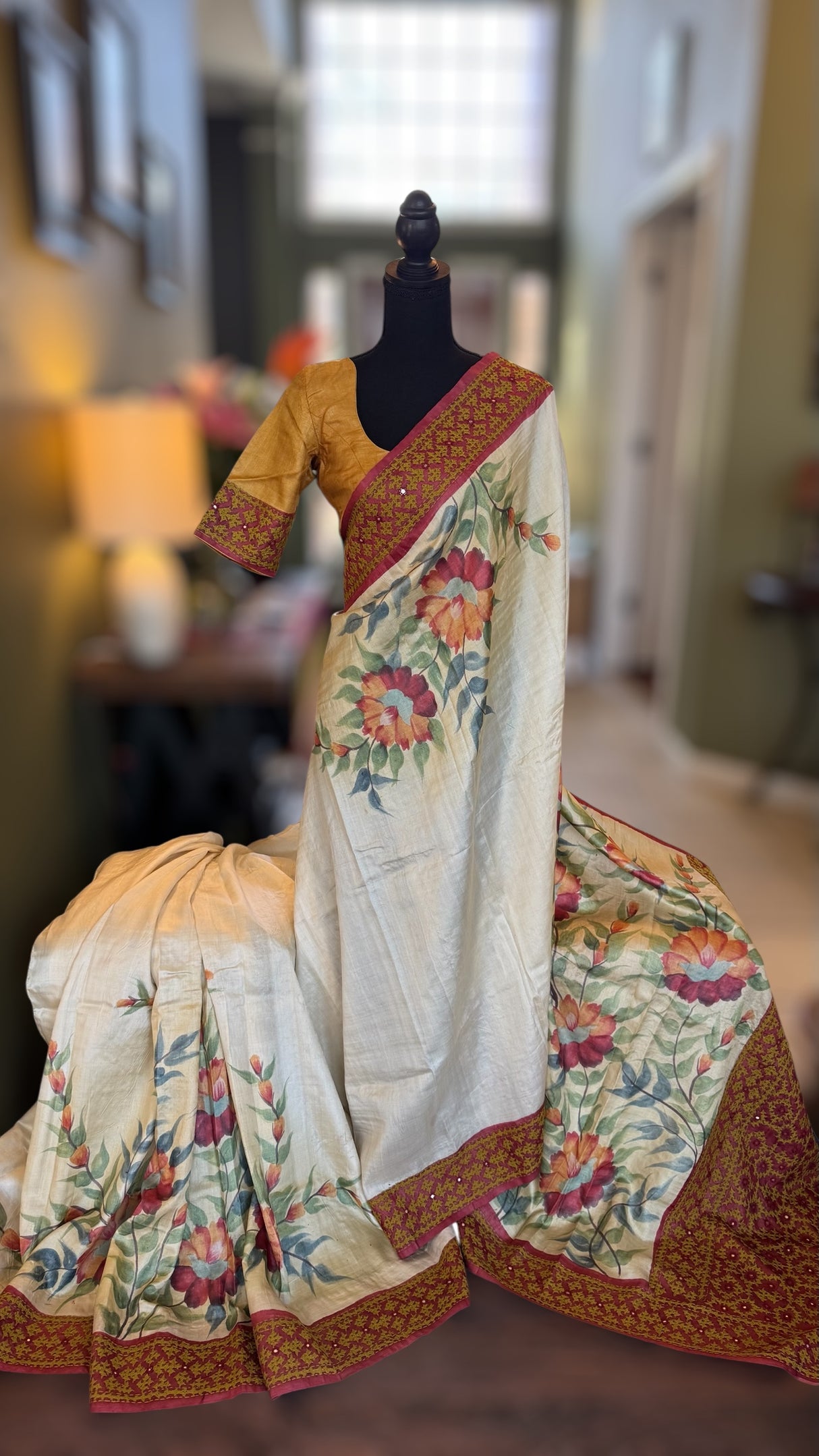 Hand Painting and Gujrathi Kutch Wok on Pure Tussar Silk